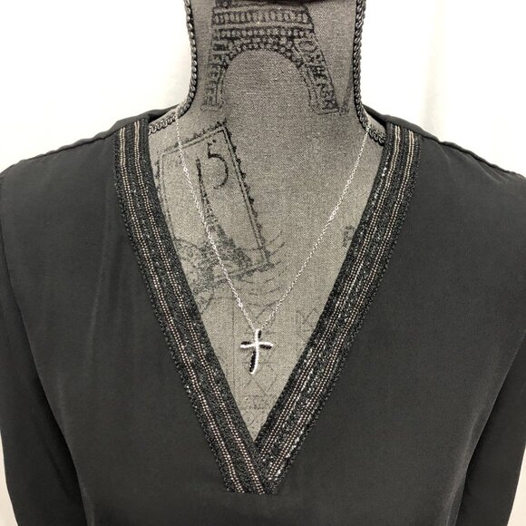 My Michelle Top Womens Medium Black Silver Metallic Sheer V Neck Long Sleeve - Picture 2 of 6